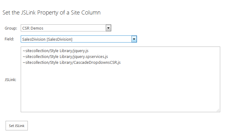 Page to Set JSLink Property on Site Columns